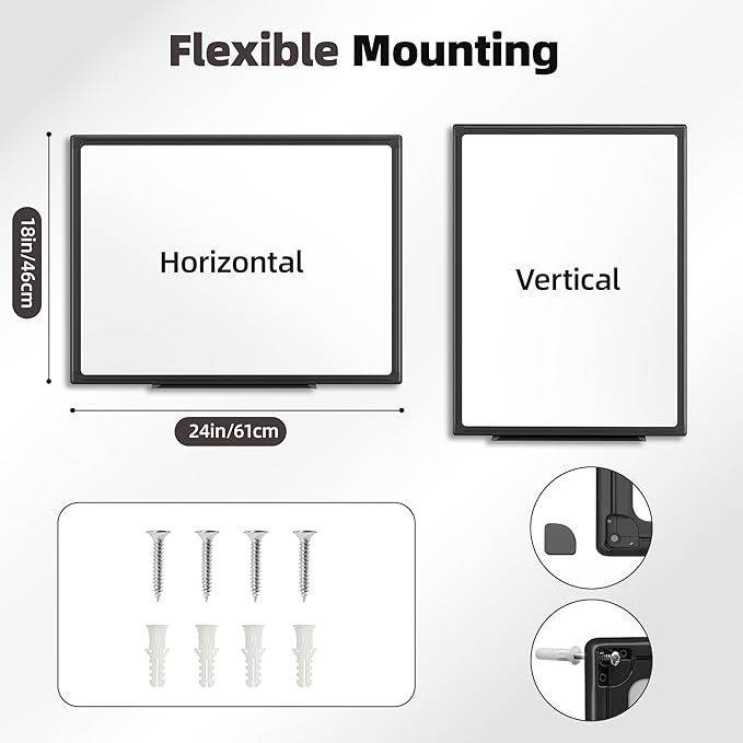 VUSIGN 24'' x 18'' Magnetic White Board for Wall, Dry Erase Board with Black Aluminium Frame, Hanging Whiteboard for Home, School,Office - Accessories Included