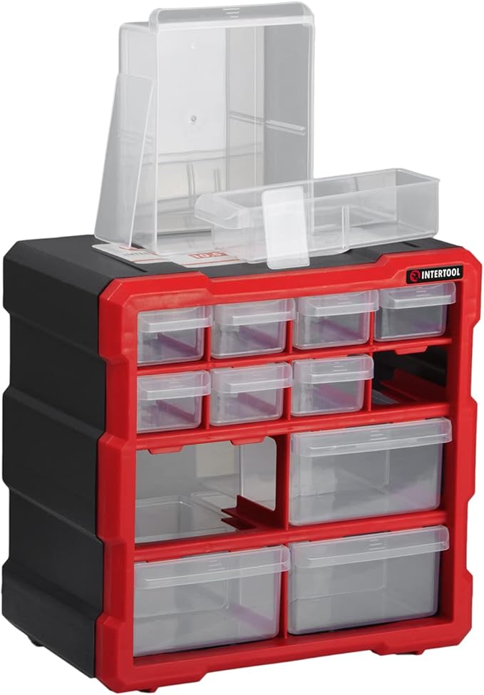 INTERTOOL Small Parts Organizer - 12 Removeable Bin Drawers - Tool Box for Storing Hardware and Garage Organization - For Screws, Bolts, Legos, Arts and Crafts - 10” x 10” x 6” - BX08-4024