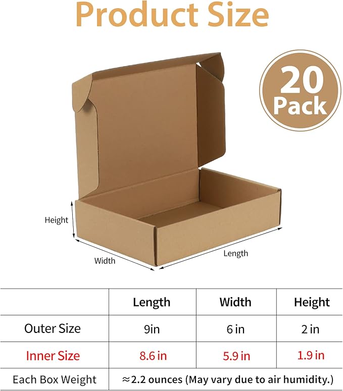 Trwcrt Shipping Boxes 9x6x2 Set of 20, Corrugated Cardboard Box for Packing Small Business, Brown