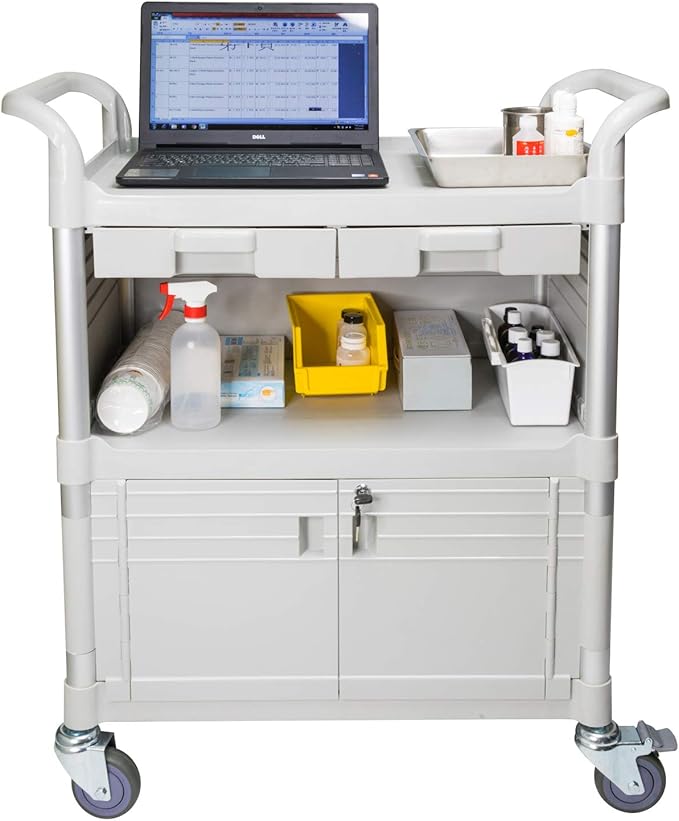 JaboEquip, Larger 3 Shelf Heavy Duty Lockable Hospital cart Medical cart, Utility Cart 606 lbs for Medical, L34.43xD19.69 inch, Off-White (Light Grey) Color