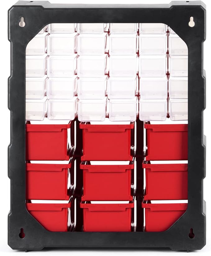 INTERTOOL Small Parts Organizer for Hardware & Screws | 39 Removable Bins with Dividers | Wall Mount or Desktop Craft & Lego Storage Cabinet | 19” x 15” x 7” BX08-4015