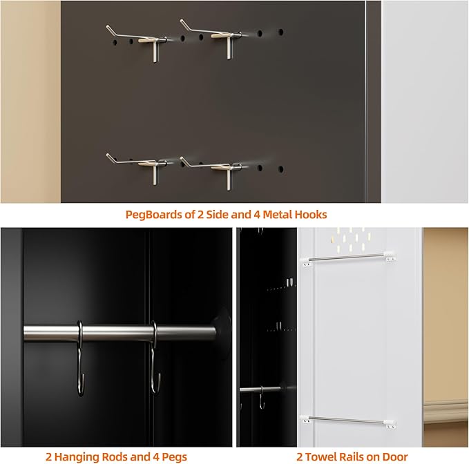 Aobabo Metal Broom Closet Storage Cabinet with Wheels, 72'' Tall Steel Cleaning Tool Cabinet for Garage with Pegboards and Hooks,Black and Grey,Assembly Required