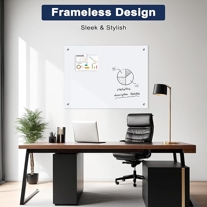 Magnetic Glass Whiteboard, 4' x 3' Glass Dry Erase Board for Wall, 48" x 36" Large Frameless White Board with 1 Marker Tray and 3 Magnets for Office, Home, Classroom - Ultra White