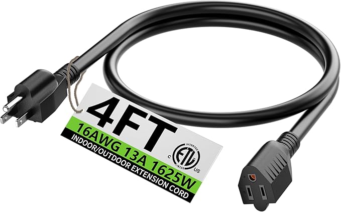 HUANCHAIN 4 FT 16 Gauge Black Indoor Outdoor Extension Cord Waterproof, Flexible Cold Weather 3 Prong Electric Cord Outside, 13A 1625W 125V 16AWG SJTW, ETL Listed
