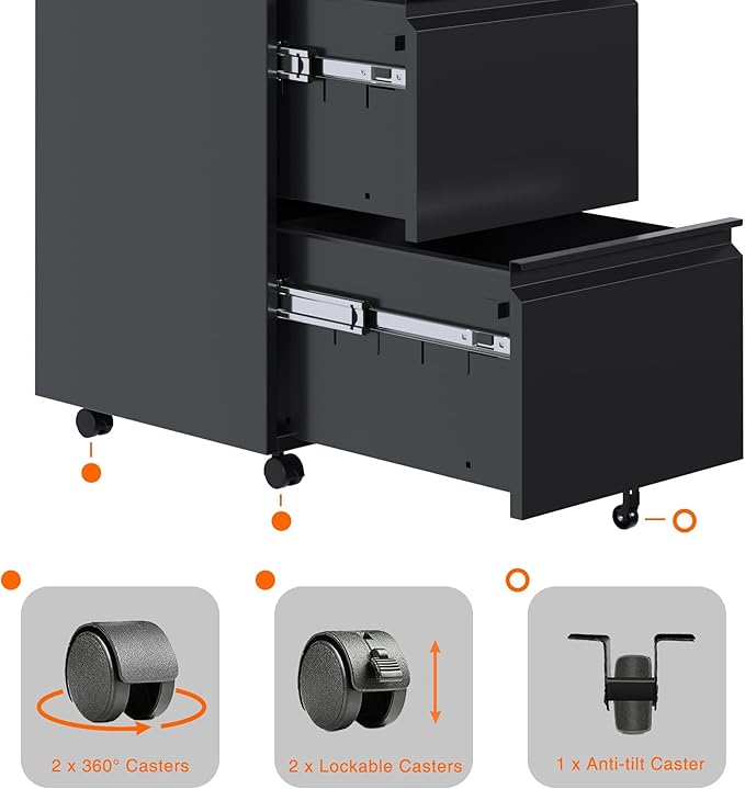 Aobabo 2 Drawer File Cabinet, Metal Filing Cabinet with Lock for Office Legal/Letter Size, Black, Fully Assembled Except Wheels