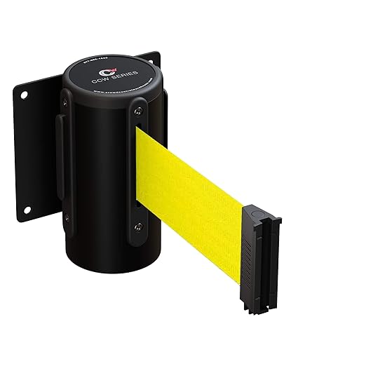 Crowd Control Warehouse - CCW Series WMB-125 Fixed Wall Mount Retractable Belt Barrier - 11 Foot, Fluorescent Yellow Belt with Black Steel Case