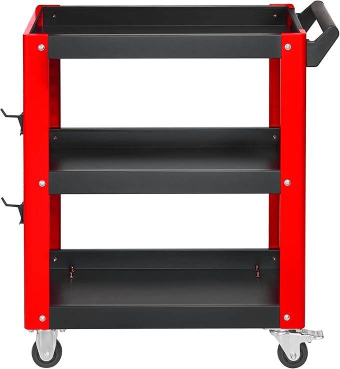 3 Tier Rolling Tool Cart, Mechanic Tool Cart on Wheels, Mechanic Storage Organizer, Utility Cart with Pegboard and Hook for Garage, Workshop, Warehouse（Red & Black）