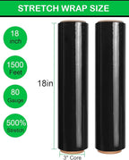 18" Black Stretch Wrap Roll, Heavy Duty 18in 1500ft Shrink Wrap Roll, 80 Gauge Industrial Strength Stretch Film, Stretch Wrap for Moving, Plastic Wrap for Pallet Wrapping Shipping(4 Rolls)
