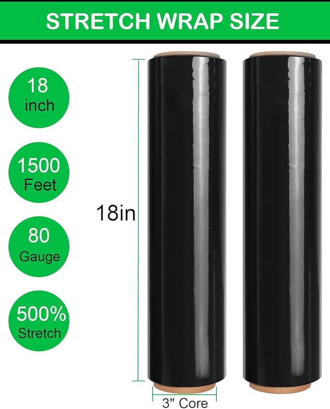 18" Black Stretch Wrap Roll, Heavy Duty 18in 1500ft Shrink Wrap Roll, 80 Gauge Industrial Strength Stretch Film, Stretch Wrap for Moving, Plastic Wrap for Pallet Wrapping Shipping(4 Rolls)