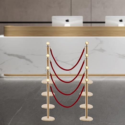 8 Pcs Stanchions with Red Velvet Ropes Set, 4 Red Velvet Ropes and 8 Stainless Steel Posts with Base, Runner Poles for Red Carpet Party Decoration Crowd Control Barriers (Golden)