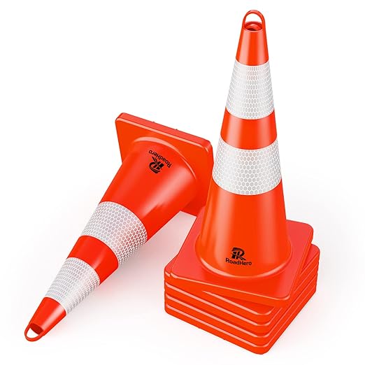 RoadHero 6 Pack Traffic Cones 28 Inch Safety Cones with Reflective Collar Orange Cones with Handle PVC Heavy Duty Cones for Parking Lot, Driving Training