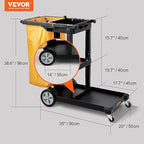 VEVOR Cleaning Cart, 3-Shelf Commercial Janitorial Cart, 200 lbs Capacity Plastic Housekeeping Cart, with 25 Gallon PVC Bag, 47 x 20 x 38.6in, Yellow & Black