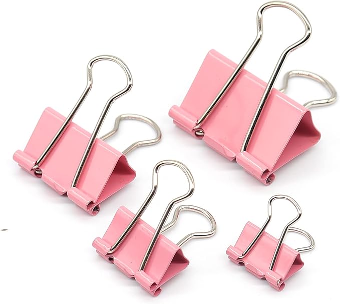 Pink Binder Clip, Paper Binder Clips, Paper Clamps Assorted Sizes, (Large, Medium, Small, X-Small) Paperclips for Office School, 100 Pack (New Version)