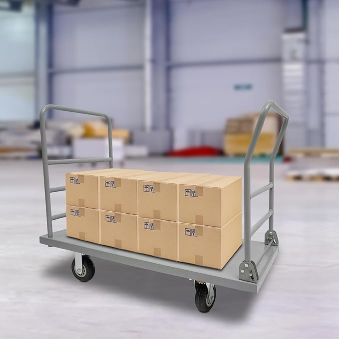 Platform Truck Cart, U Boat Cart, 48x24in 2000lbs Heavy Duty Push Dolly with Detachable Guardrail and Foldable Handle, Perfect for Schools, Restaurants, Garages, Production Lines