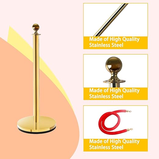 Red Carpet Poles and Ropes Set: 8pcs Gold Stanchion Posts and 4pcs Velvet Ropes for Weddings, Events, VIP Entrance & Party - Crowd Control Rope Safety Barriers with Stand