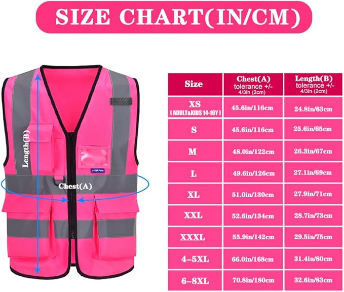 A-SAFETY Pink High Visibility Vest,Reflective Safety Vest Workwear,7 Pockets Hi Vis Durable Vest with Reflective Tapes 4 Lower Pockets,3XL