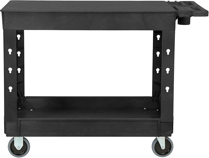 Global Industrial Industrial Service & Utility Cart, Plastic 2 Flat Black Shelf, 44” x 25-1/2”, 5" Rubber Casters