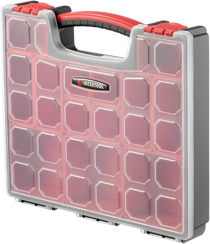 INTERTOOL Hardware Organizer with 13 Removable Bins - Small Parts Storage Tool Box for Nuts, Bolts, Screws, Nails - Portable Handle Transparent Lid with Locks BX08-4031