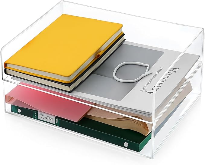 2 Pack Stackable Acrylic Paper Organizer Tray Clear Desk Letter Tray for Office A4 Size Clear Workspace Office Supplies Organizers Transparent Document Sorter