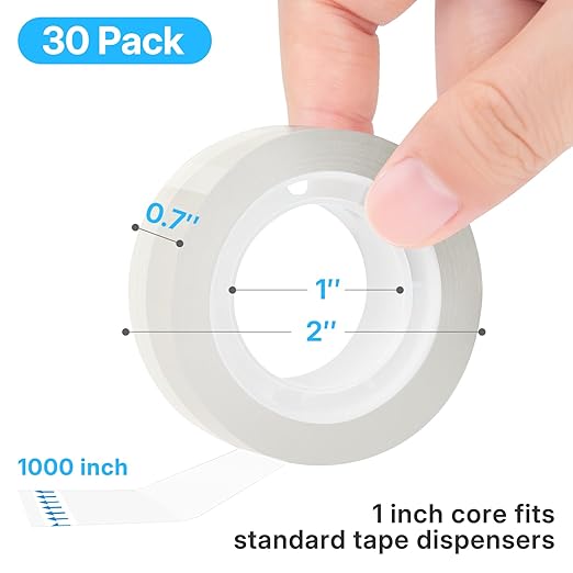 OWLKELA 30 Rolls Transparent Tape Refills, Clear Tape, All-Purpose Transparent Glossy Tape for Office, Home, School