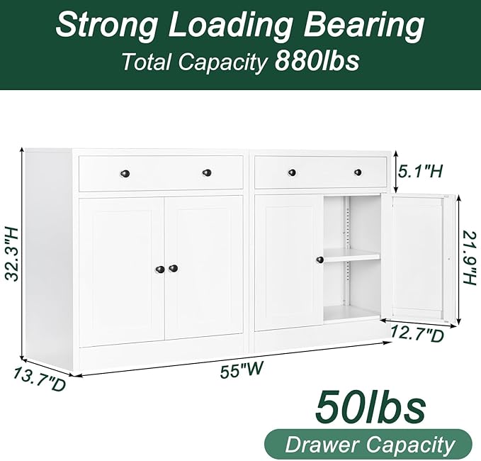 BESFUR Buffet Metal Cabinet with Storage 32”,White Sideboard Farmhouse Storage Cabinet with Adjustable Shelves, 2 Drawer and 4 Doors for Entryway Living Room, Bathroom, Kitchen,Home Office,Apartment