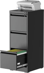3 Drawer Vertical File Cabinet with Lock, Metal Filing Cabinets for Home Office, Heavy Duty File Storage Cabinet for Legal/Letter/A4 Documents, Easy to Assemble, Black
