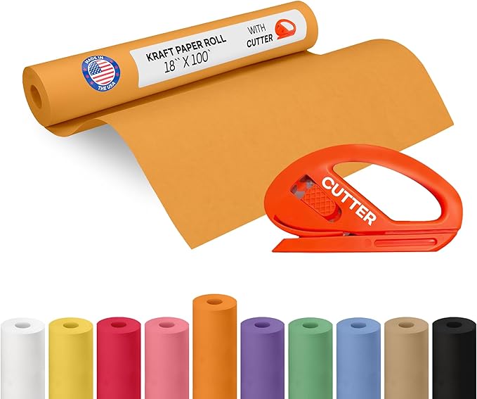 Orange Kraft Paper Roll 18" x 1200" (100 feet) with Cutter - USA-Made Gift Wrapping Paper for Packing, Moving, Shipping & Crafts/Arts - 100% Recyclable Natural Craft Material by IDL Packaging