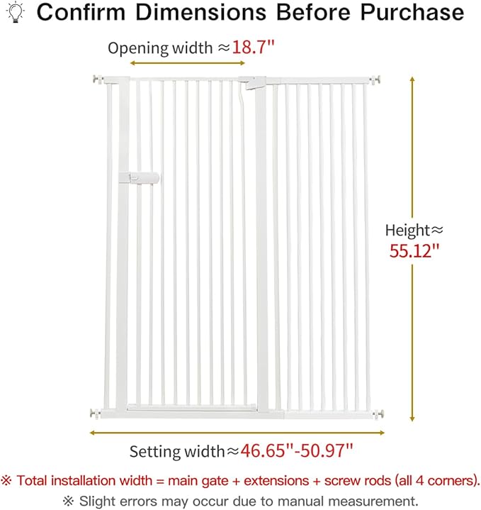 Lumizone Extra Tall Cat Gate 55.12" High Pressure Mounted Extra Wide 2025 New (17 Sizes) 1.37" Gap No Drilling Auto-Close One-Handed Operation Tall Pet Gate for Dogs(White, 55.12" H x 46.65"-50.97" W)