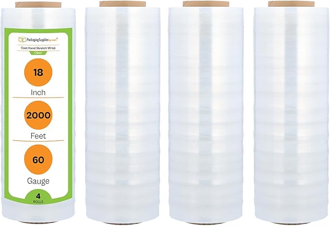PSBM 4 Rolls 18 Inch x 2000 Feet 60 Gauge Stretch Film/Wrap, Heavy Duty Industrial Strength Up to 800% Ultimate Stretch, Clear Shrink Plastic Wrap for Moving, Packing, Shipping & Storage