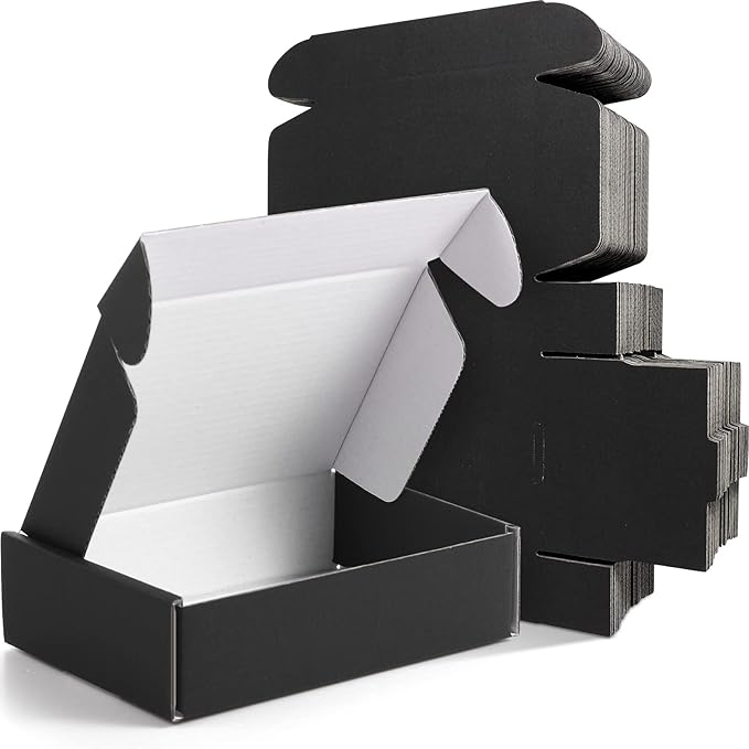 Spakon 50 Packs Shipping Boxes Cardboard Corrugated Mailer Packaging Boxes for Small Business Cute Small Box Cardboard Carton Box Mailers for Packaging Product(Black,6 x 4 x 1.6 Inches)