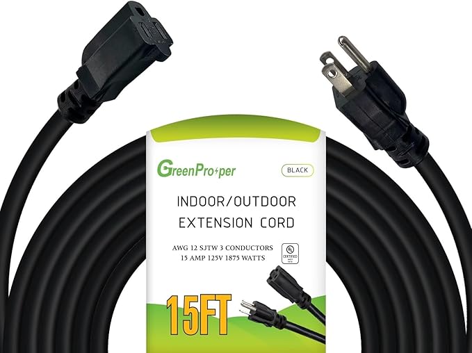 15 FT 12 Gauge Extension Cord Outdoor, Heavy Duty Weatherproof & Flame Retardant Black 3 Prong Power Cord, Outside for Garden & Lawn, 15 Amps 1875 Watts 125 VAC 12AWG SJTW, UL Listed