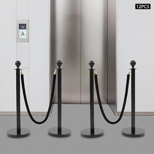 Stanchion Posts Crowd Control Barriers, 201 Stainless Steel 12 Posts 8 Ropes, 4-Way Connection Anti-Slip Fillable Base Easy Install