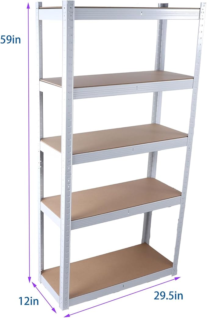 5-Tier Laminated White Metal Shelving Unit, Adjustable Heavy Duty Storage Rack for Garage, Pantry, Basement, Kitchen – 29" W x 12" D x 59" H – Multipurpose, Boltless Design