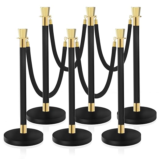 Black Stanchion, 5 ft Black Velvet Rope Red Carpet Ropes and Poles, Stainless Steel Stanchions Post Used for Theaters, Parties, Wedding, Exhibition, 6PCS