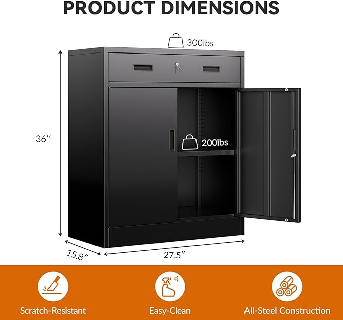 BESFUR Metal Storage Cabinet with Lockable Drawer and 2 Lockable Doors, 36"H Black Metal Cabinet with Adjustable Shelf, Locking Storage Cabinet for Home Office, Garage,School, Warehouse, Utility Room