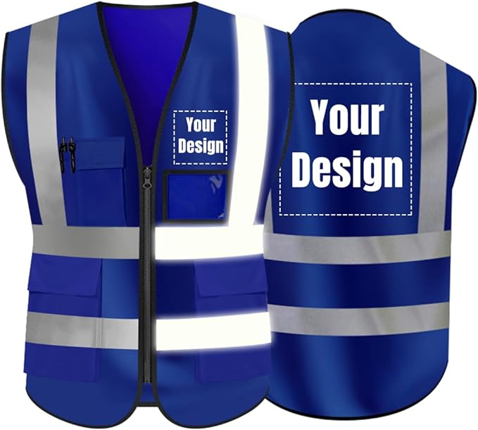 YOWESHOP High Visibility Safety Vest Custom Your Logo Protective Workwear 5 Pockets With Reflective Strips Outdoor Work Vest (Navy Blue (XL))