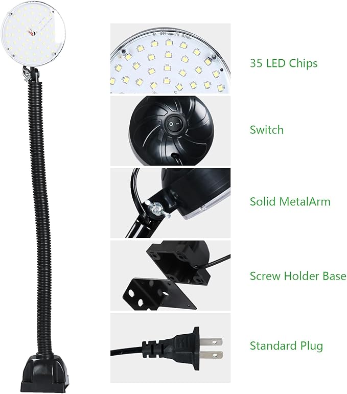 20W LED Work Light with Flexible Gooseneck, 2000 Lumens 6500K 110V US Plug, Screw Holder Base, LED Machine Lathe Light for Work Bench, Sewing Machine, Lathe Workbenches