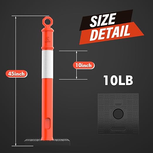 RoadHero 45 Inch Delineator Post with Base, Portable Orange Traffic Delineator Posts Cones with Reflective Collars for Parking Lots, Road Safety, Construction Events 3 Pack