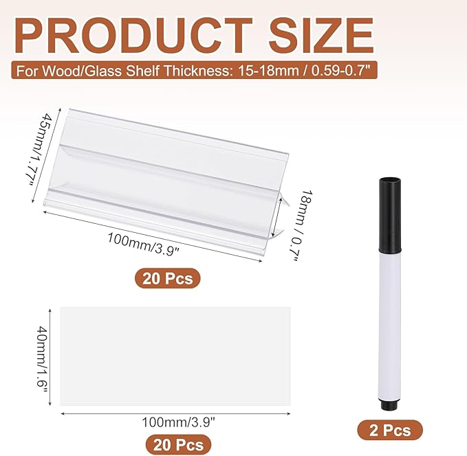 PATIKIL 3.9" x 1.8" Wire Shelf Label Holder, 20 Pack Reusable Plastic Price Tag Display Clip for 0.59" to 0.71" Thick Shelves with Paper Inserts Pens for Home Market Store, Clear