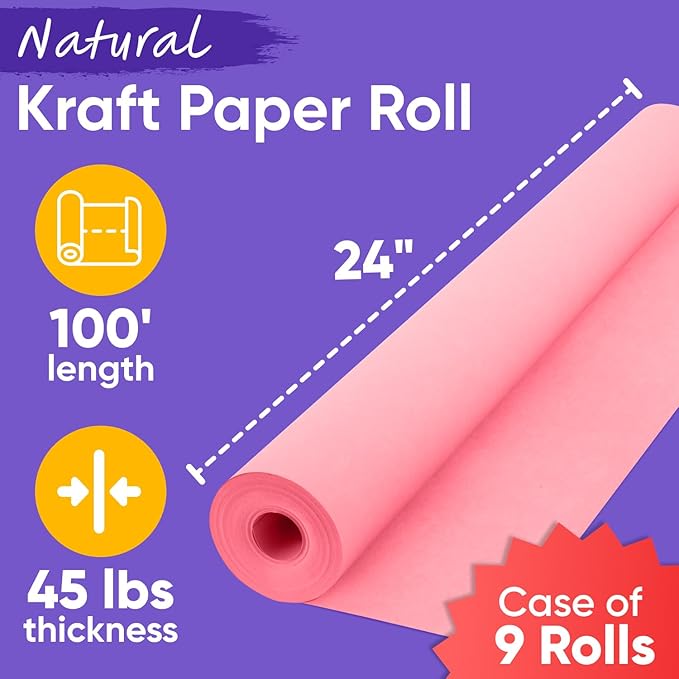 24" x 1200" (100 ft) Pink Kraft Paper (Case of 9 Rolls), 45 lbs Thickness, Made in USA Kraft Paper for School, Art Colored Paper, Gift Wrapping Paper, Packing Paper for Moving