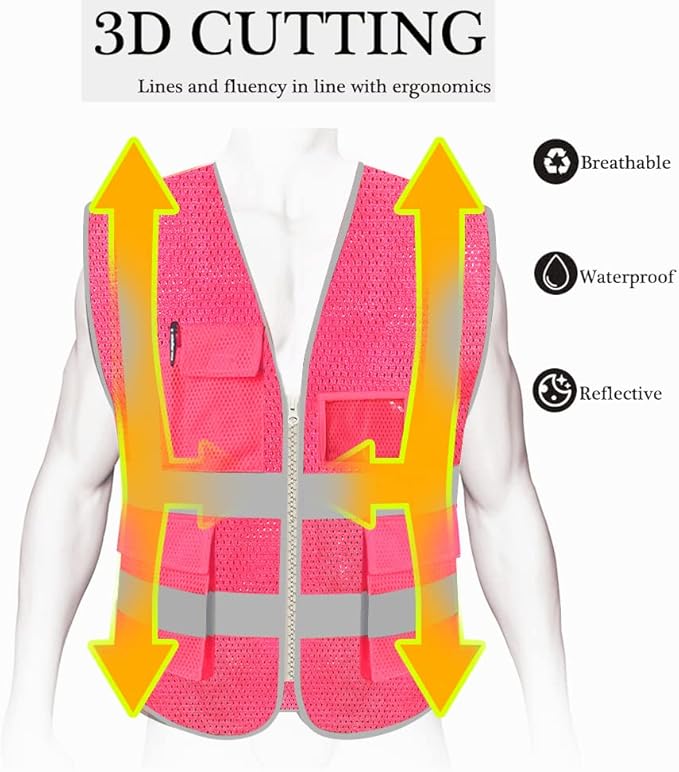 HYCOPROT High Visibility Mesh Safety Reflective Vest with Pockets and Zipper, Meets ANSI/ISEA Standards