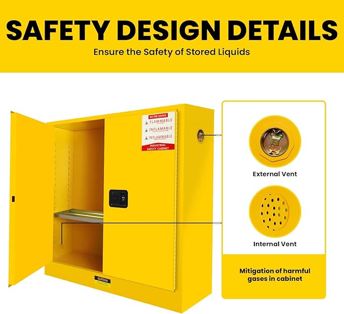 60 Gallon Yellow Flammable Storage Cabinet, Fireproof Steel Chemical Storage Locker with Adjustable Shelves, for Flammable Liquids, Industrial Use, Free Returns!