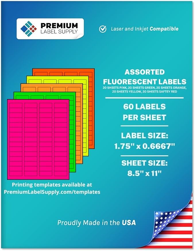 Premium Label Supply Bright Neon Color Fluorescent Sticker Labels - 1.75" x 0.6667" Return Address Labels - (Assorted Fluorescent, 6000 Labels)