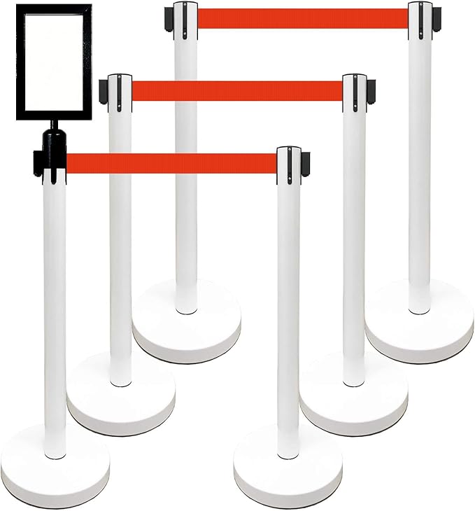 Retractable Stanchion, 6 SPECIALTY Posts + Signframe, 36" Ht, 78" Special Event & Holiday Theme Belt + Bonus Replacement Cassettes + Wall Receiver (WHT Post/Red Belt)