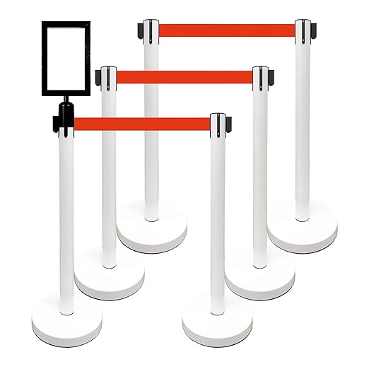 VIP Crowd Control Retractable Belt Stanchion Queue Safety Barrier Set, 36" Ht, 78" Belt + Wall Bracket (6 WHT Posts Red Belt + SFrame + WBracket)