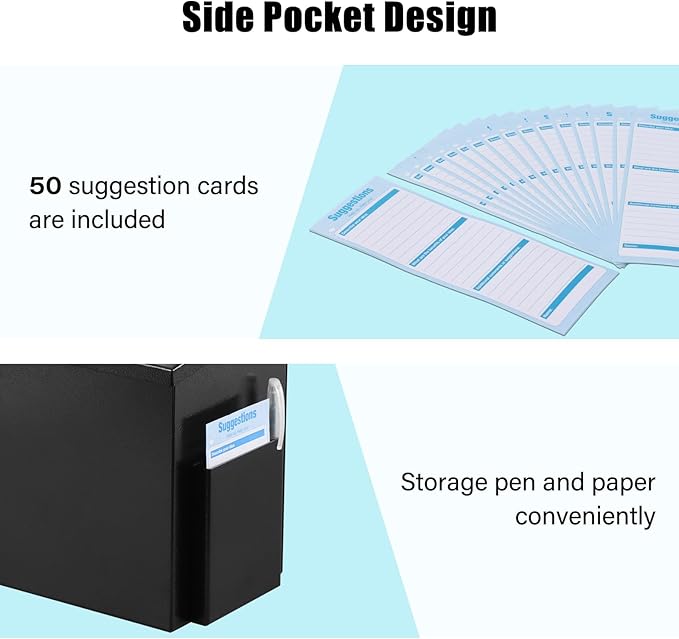 xydled Wall Mounted Suggestion Box with Key Lock, Metal Donation/Ballot/Voting/Collection/Key Drop Box with 50 Free Suggestion Cards , Black, 8.7"x 5.9"x7.1"