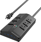 JUNNUJ Heavy Duty Surge Protector Power Strip with 6 Plug 4 USB Ports, 20 Amp 12 Gauge 6 FT Extension Cord with Multiple Outlets. Metal Wall Mount Outlet Extender for Garage Industrial Shop