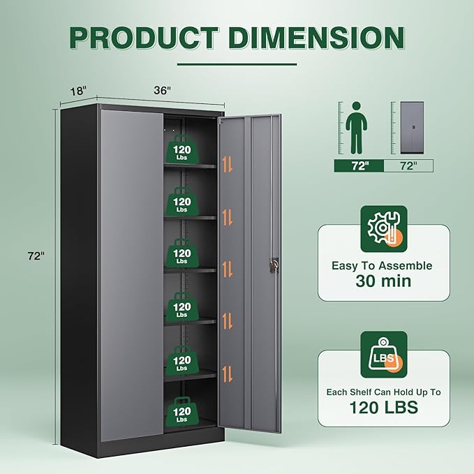 Letaya Metal Garage Storage Cabinets with Lock Door and Adjustable Shelves, Steel Tool Cabinets for Home,Office,Warehouse Organisieren (Black Grey, 72" H)