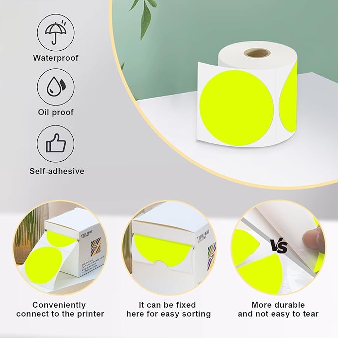 3 X 3 Inch Color Coding Dot Labels Circle Thermal Printable Waterproof 500 Pcs Round Stickers Adhesive Writable for Office, Home, Garage, DIY Sticker, Barcodes, Name Tag, Fluorescent Yellow