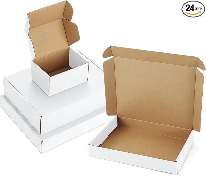 Assorted-Sizes-Shipping-Boxes-24-Pack: 6x4x3 & 12x9x3 & 13x10x2 Small-Shipping-Boxes-Mailers, White Corrugated-Cardboard-Boxes-for-Packing-Small-Business Mailing